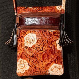 Hand-Painted Genuine Leather Cellphone Crossbody Bag Embossed Floral Print